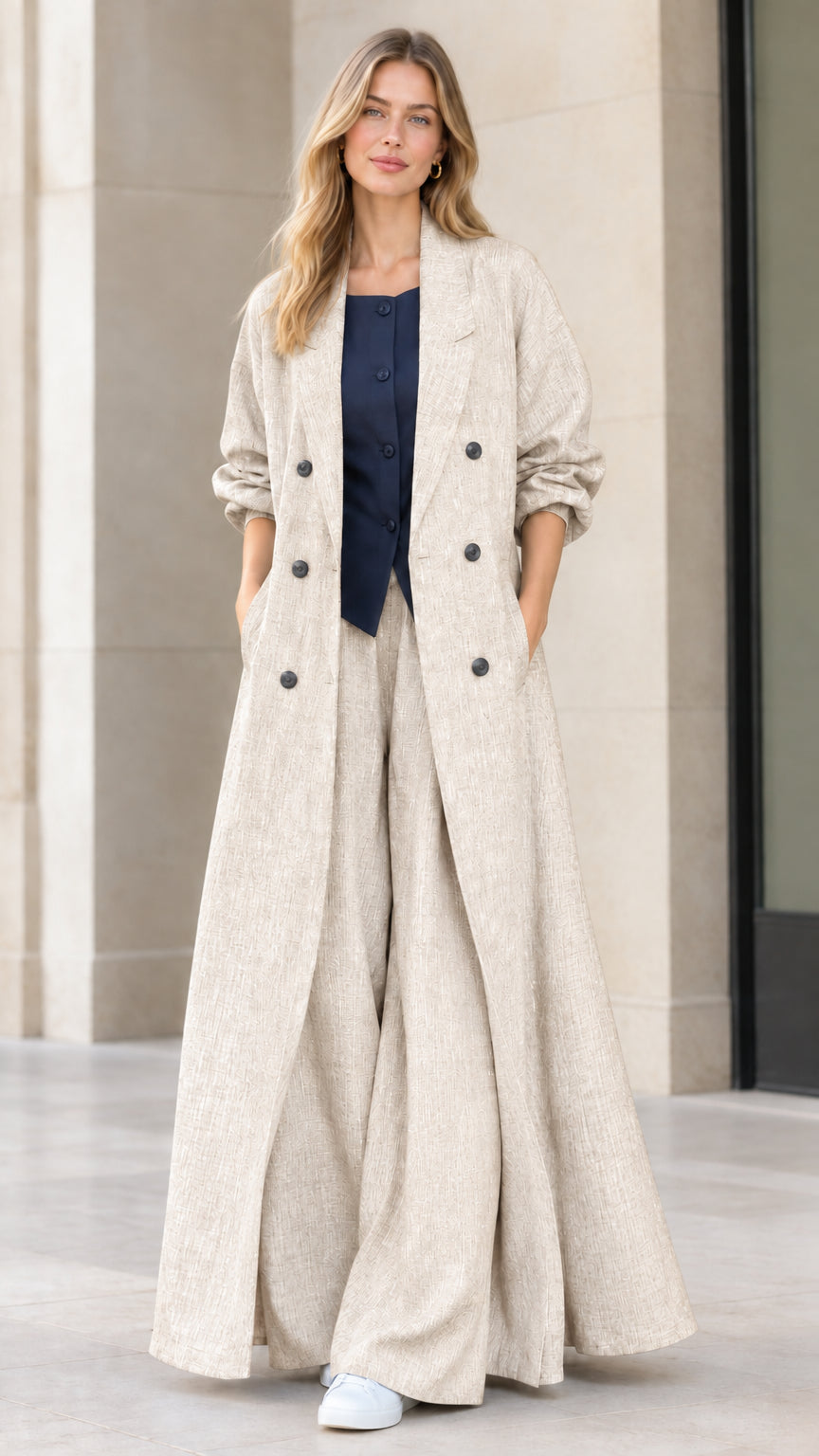 Full-length view of women's beige oatmeal maxi duster coat and wide-leg pants set