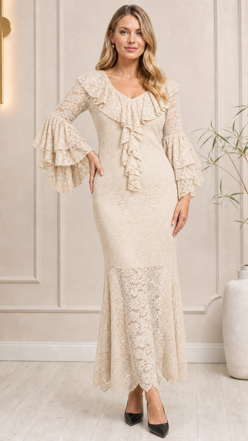 Cream champagne tiered bell sleeve floral lace mermaid dress front view