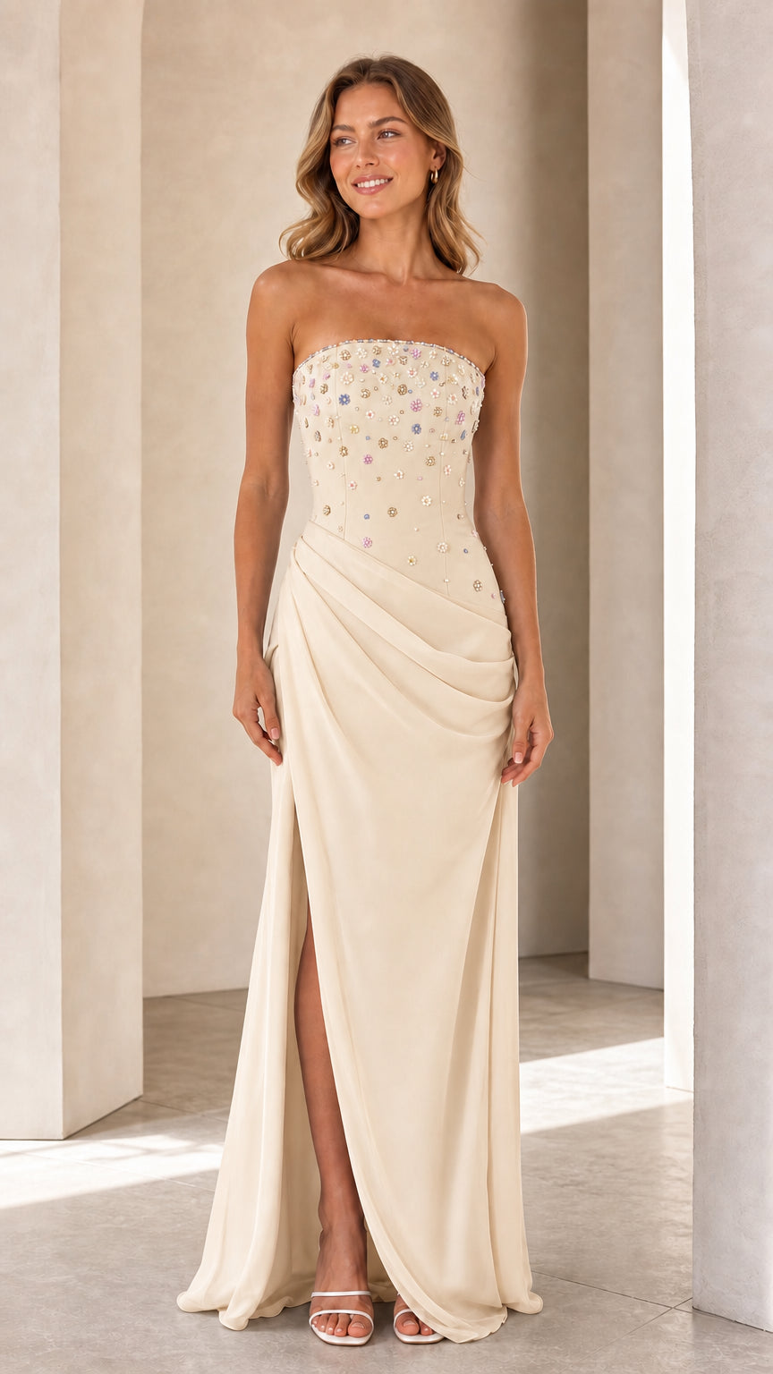 Model wearing Champagne ivory strapless beaded formal gown with draped waist and slit