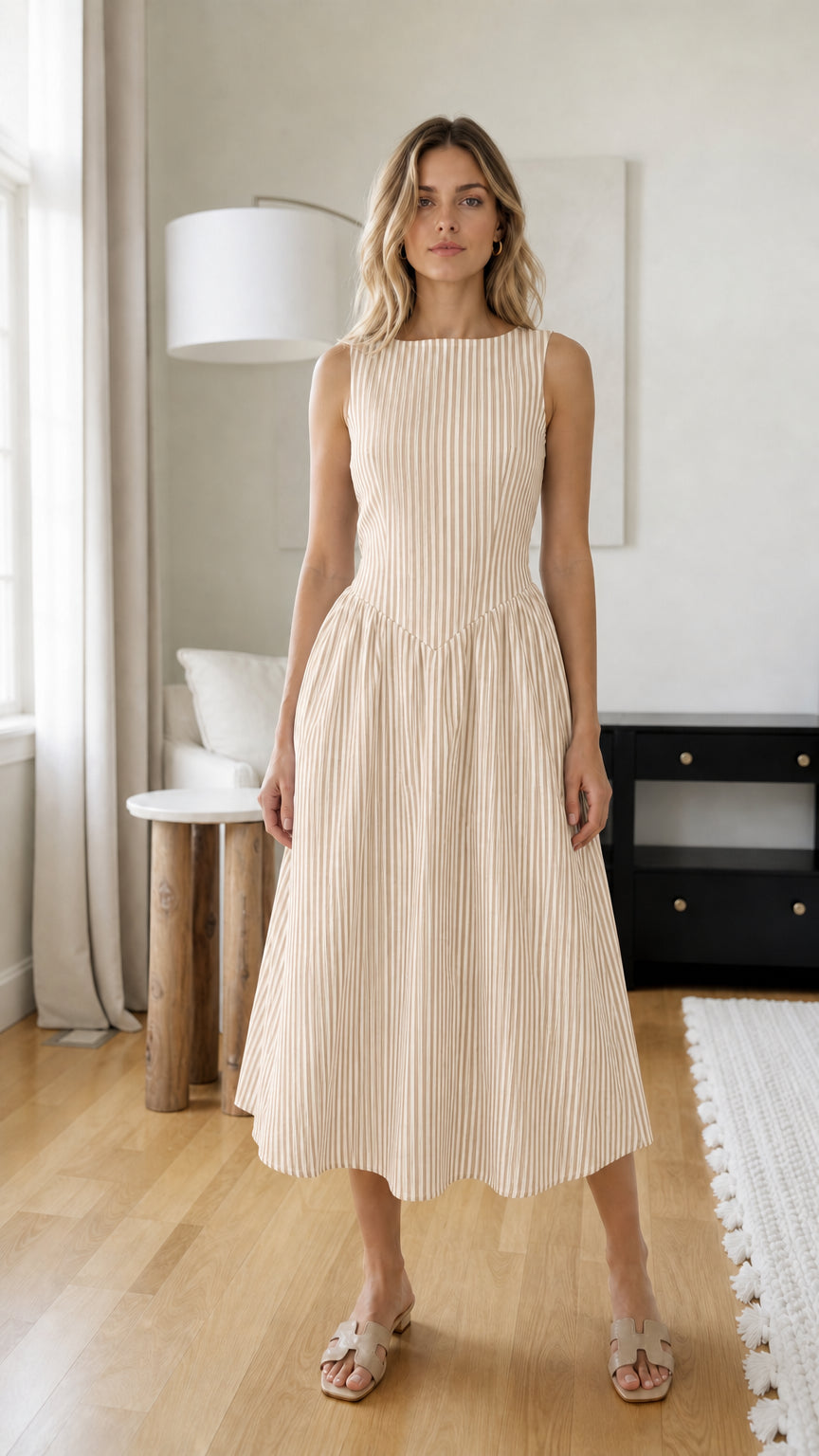 Front view of woman wearing beige striped midi dress