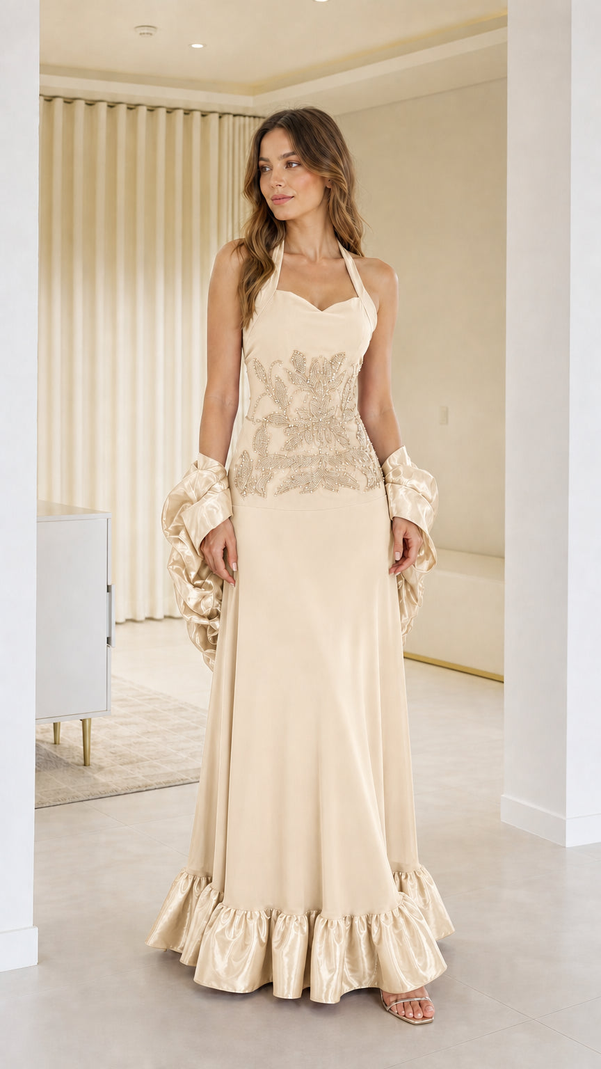 Front view of woman wearing beige halter neck evening dress