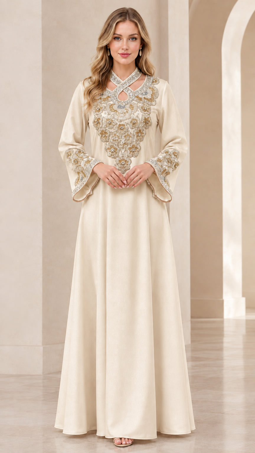 Champagne beige embellished floor-length abaya dress with bell sleeves