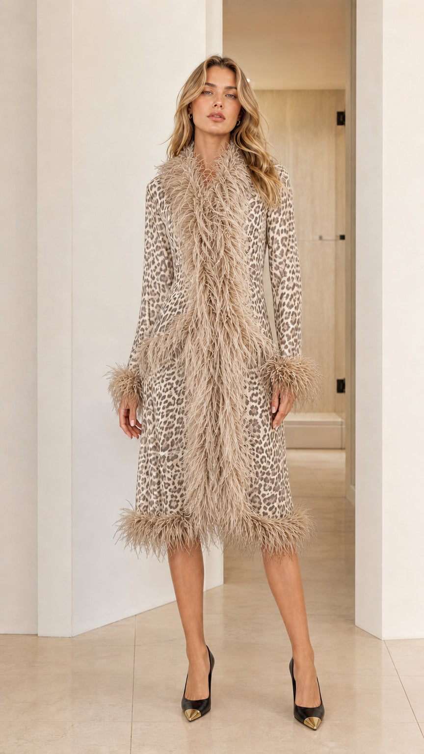 Model wearing the beige cream leopard print midi coat with neutral faux feather trim