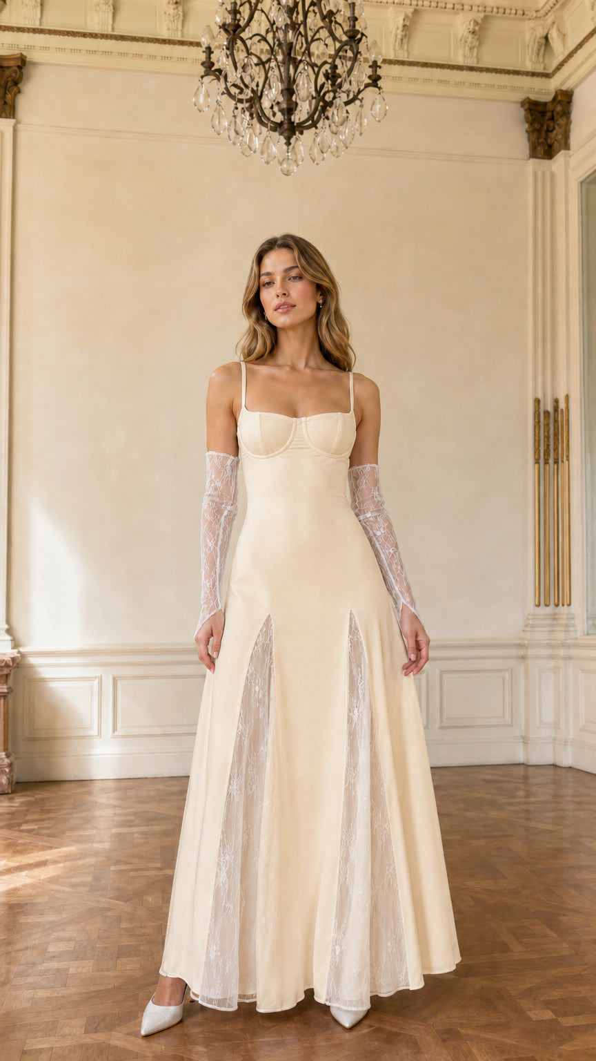 Model wearing champagne cream corset floor-length dress with lace details