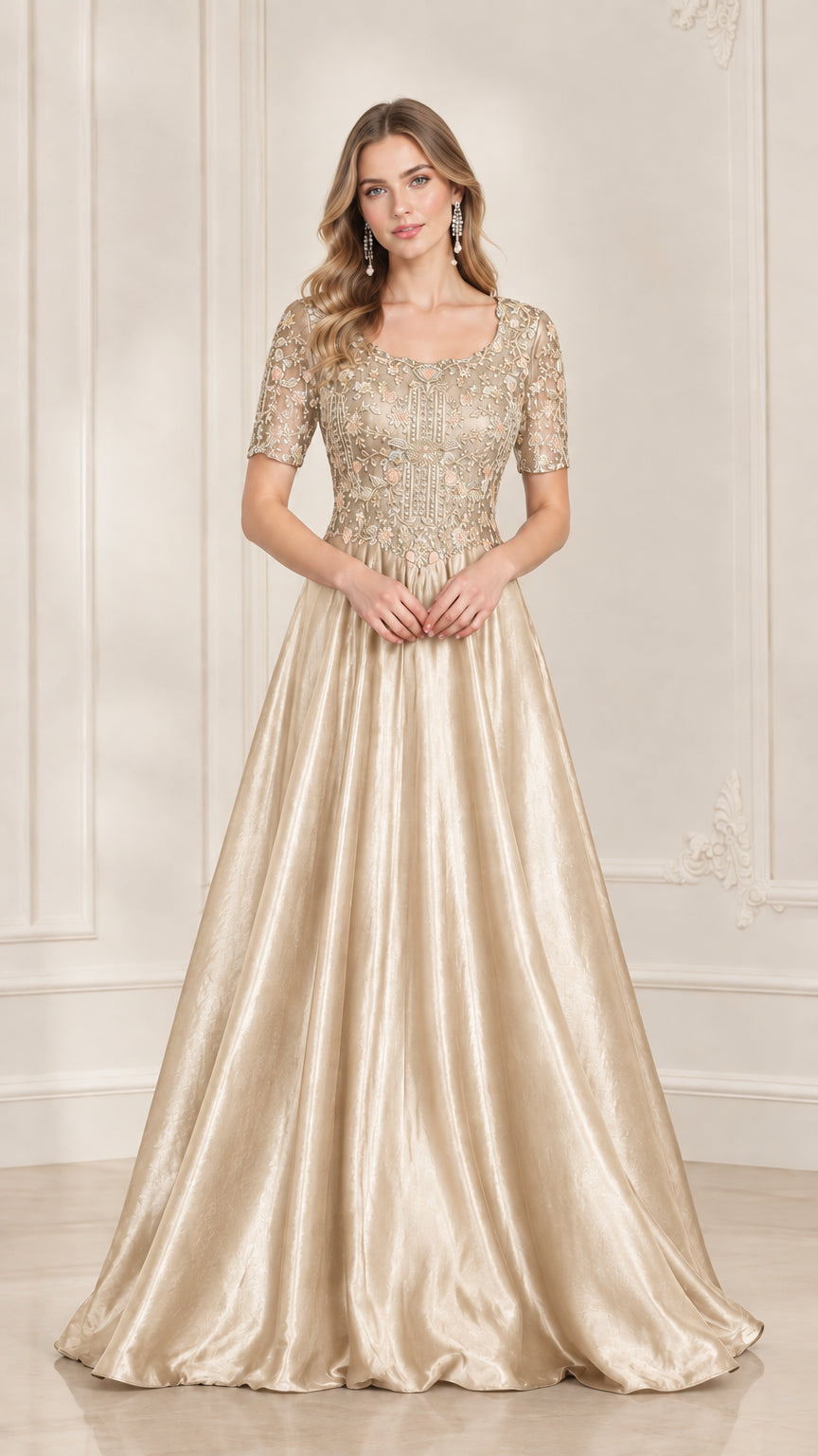Front view of model wearing Champagne gold embroidered formal evening dress