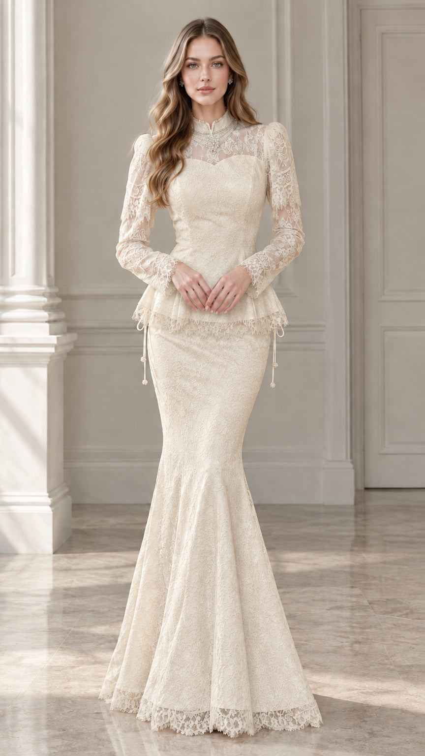 Full-length view of champagne ivory long sleeve lace peplum mermaid evening gown
