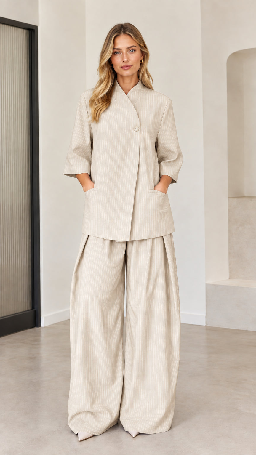 Beige cream pinstripe asymmetric button top and pleated wide-leg trousers set
