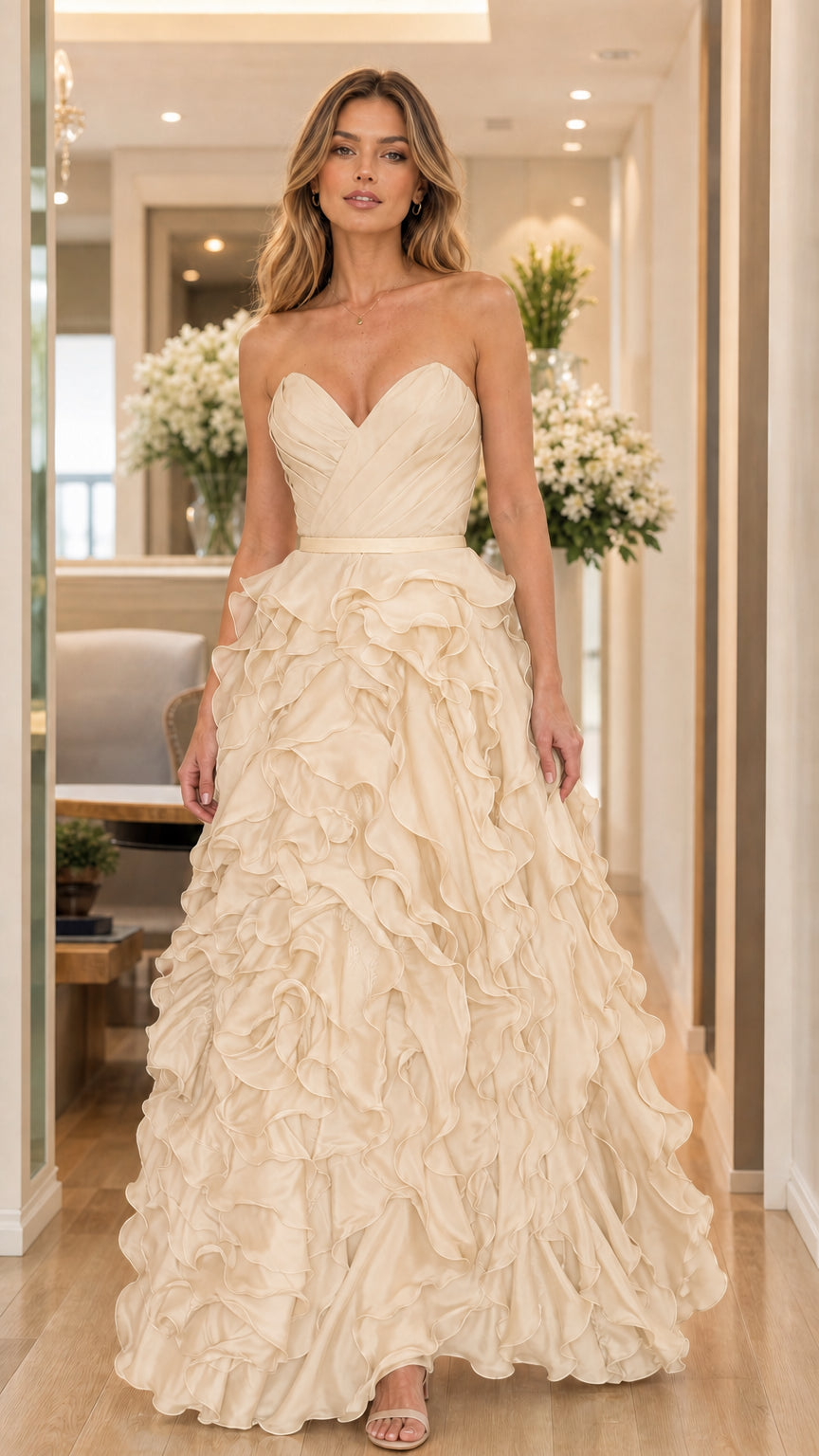 Model wearing champagne strapless ruffled evening dress