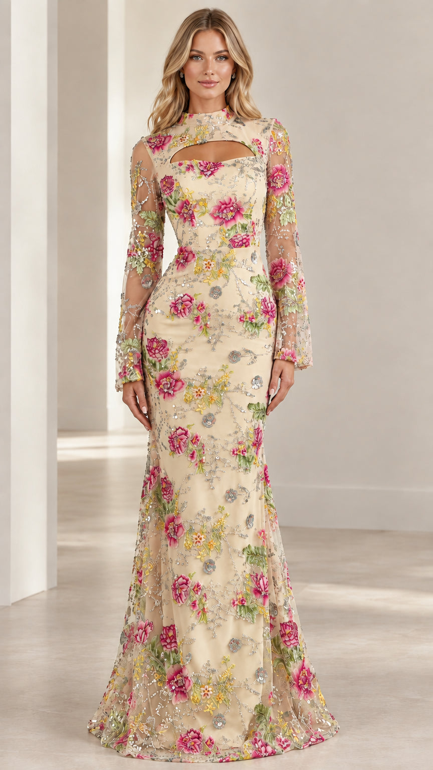 Front view of Champagne cream floral sequined long sleeve mermaid formal dress