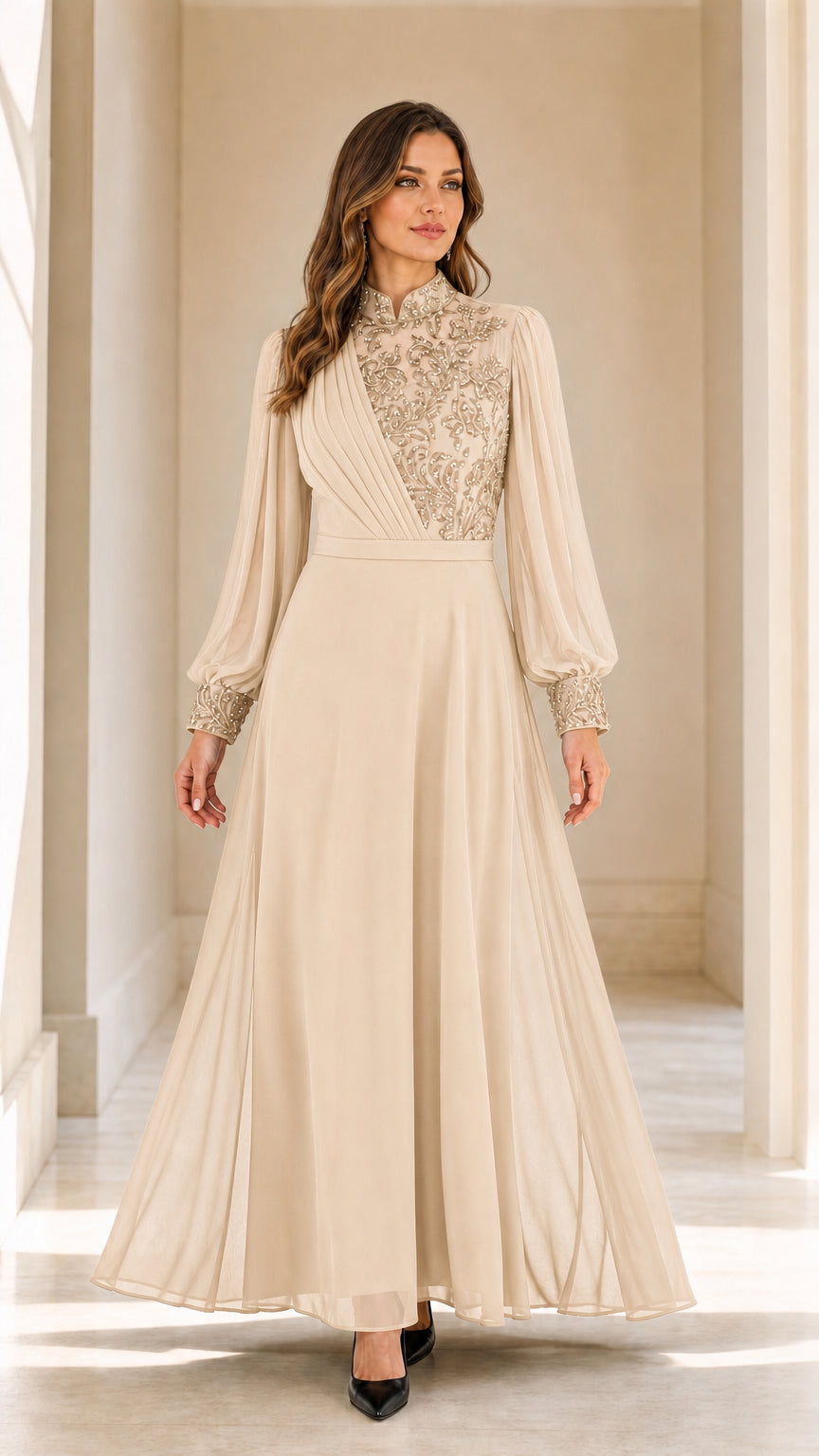 Champagne beige embellished high neck long sleeve chiffon maxi gown