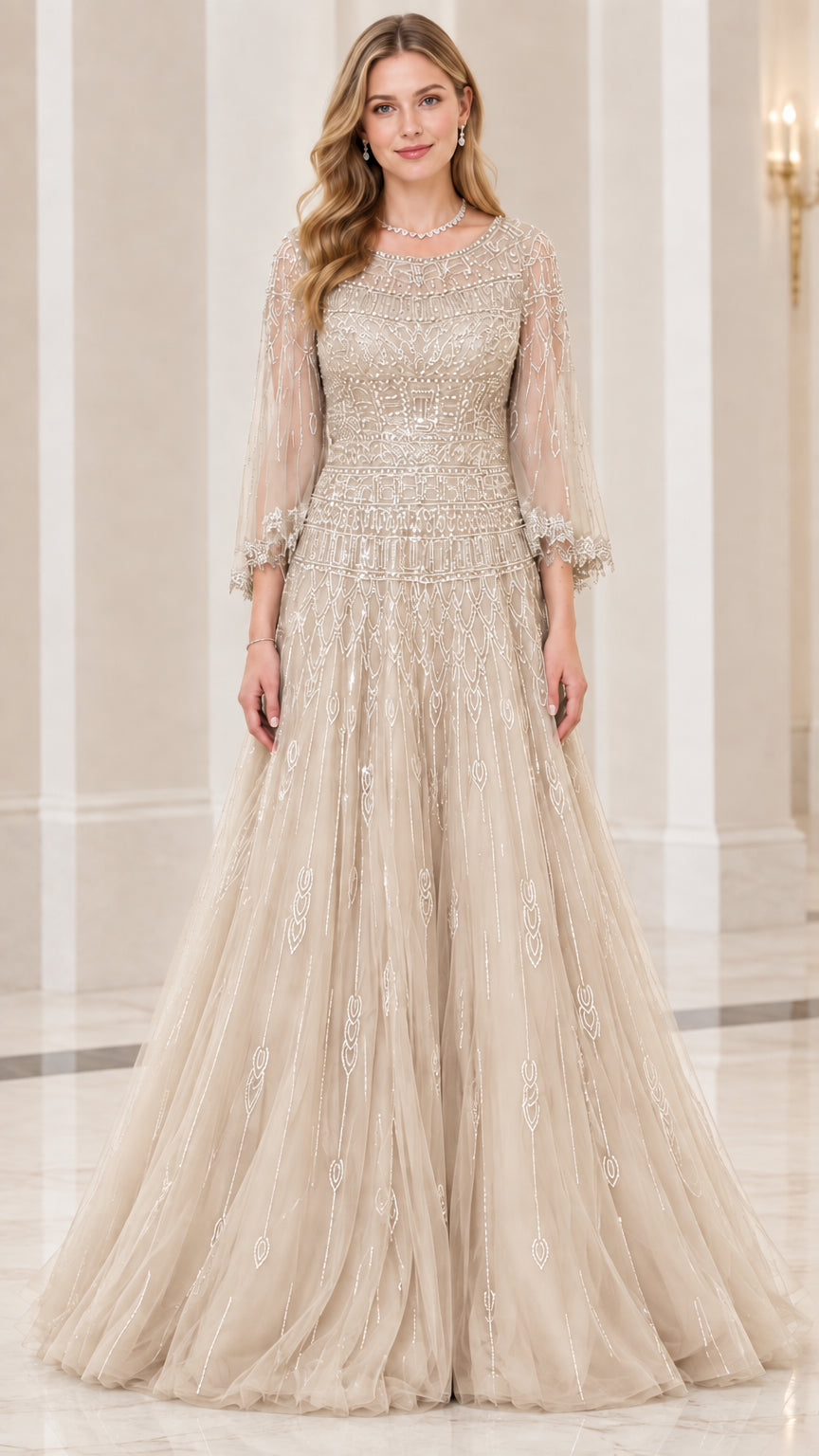 Front view of champagne beige beaded tulle evening gown with 3/4 sleeves
