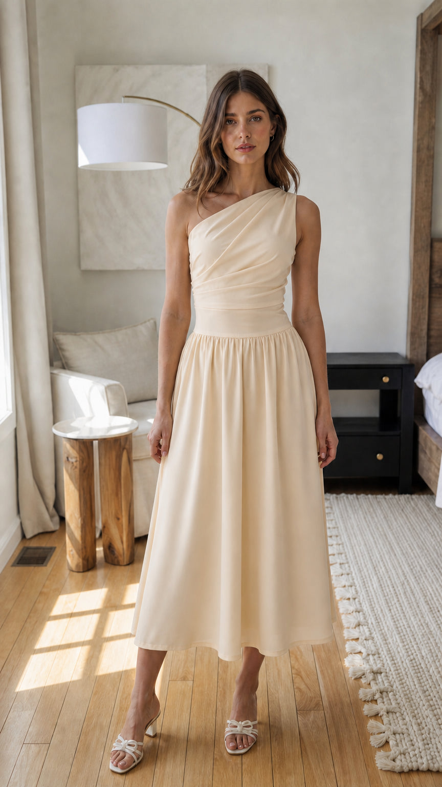 Front view of cream one-shoulder midi dress