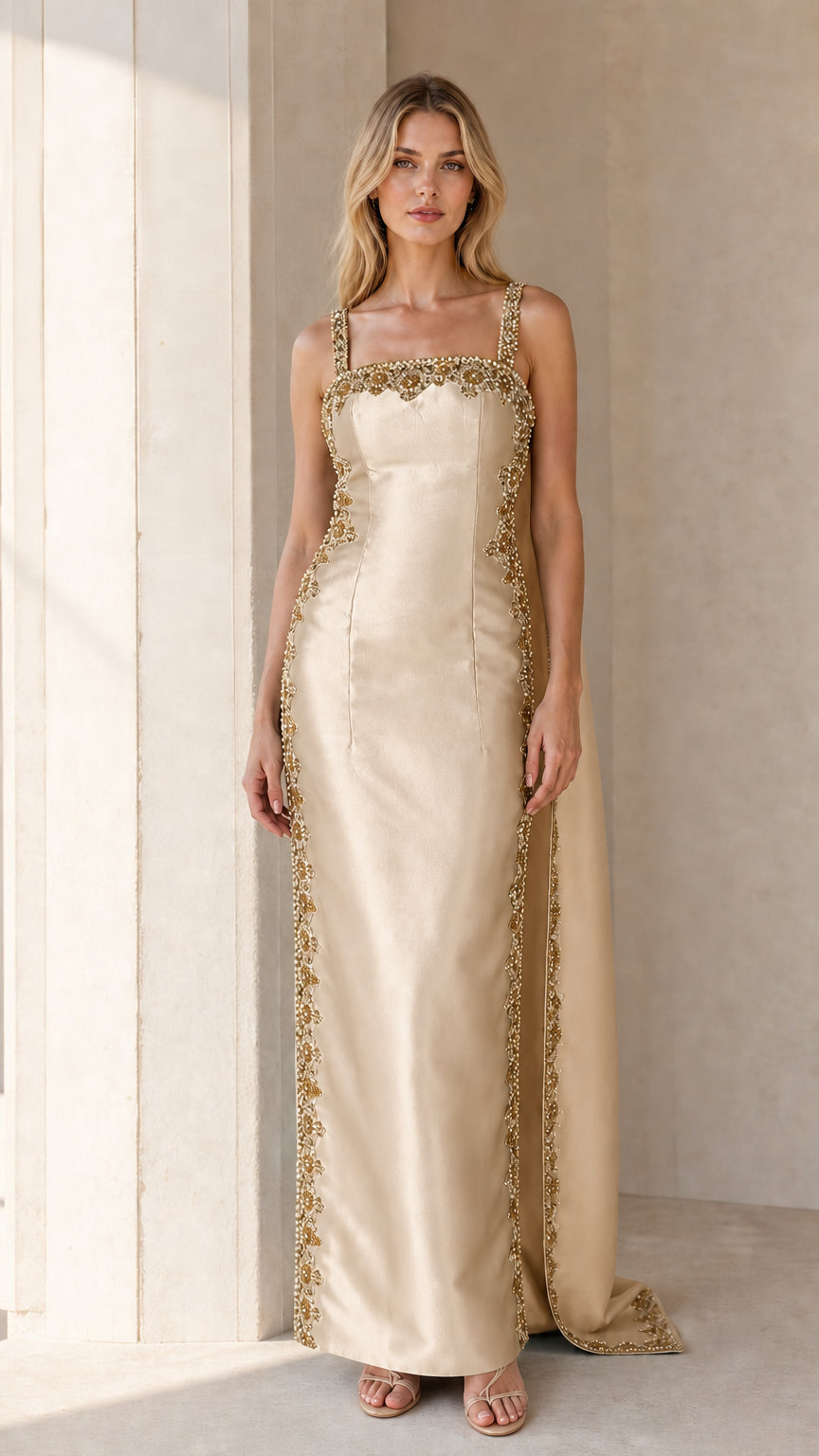 Front view of Champagne embellished cape maxi dress