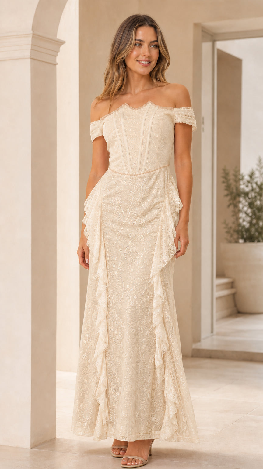 Champagne color variant of off-shoulder lace maxi dress