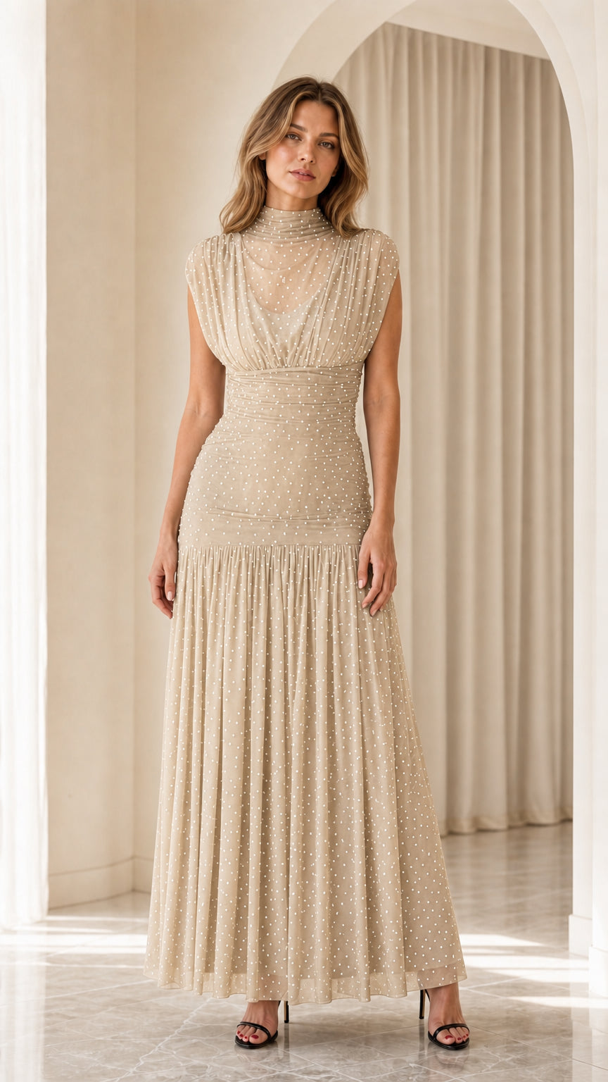Champagne beige high neck sleeveless pleated dot mesh maxi dress