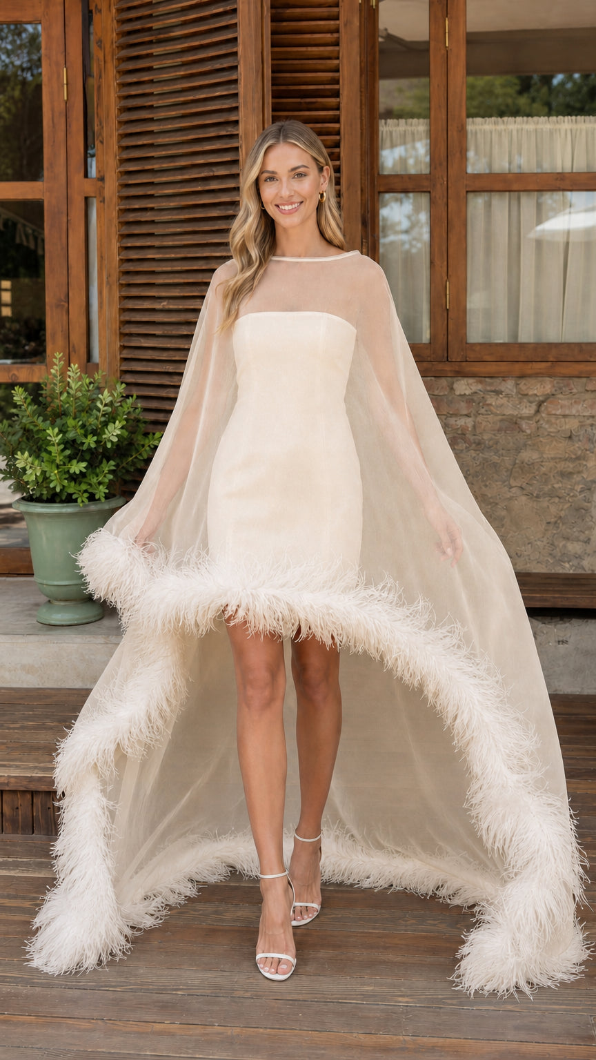 Champagne ivory sheer tulle cape mini dress with feather trim