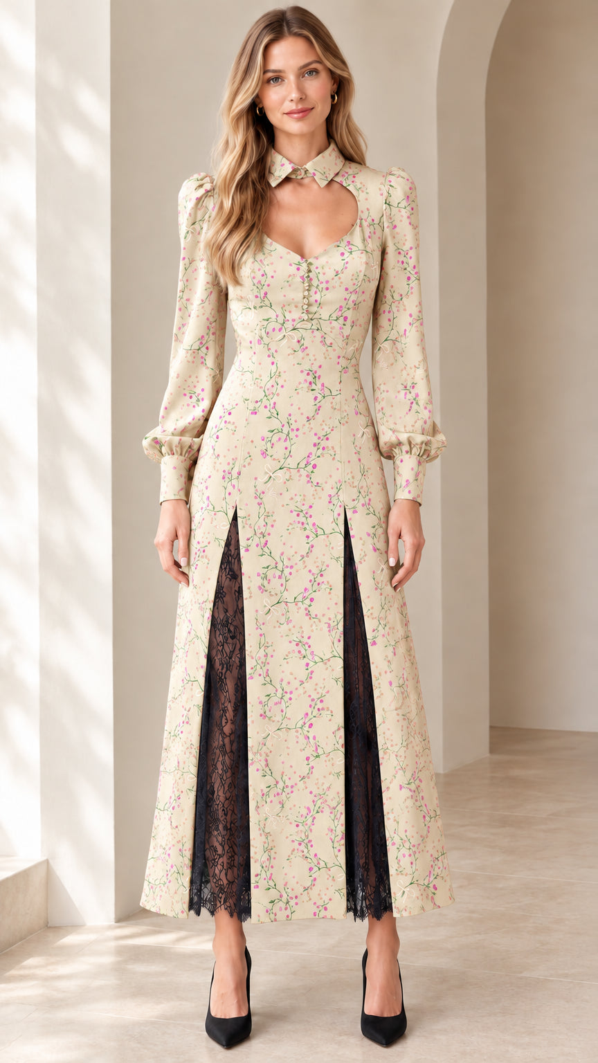 Front view of Champagne floral long sleeve cutout maxi dress with lace slits