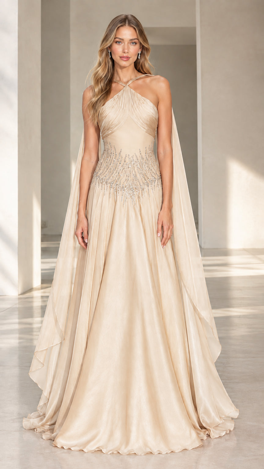 Front view of champagne halter neck pleated chiffon evening gown with cape