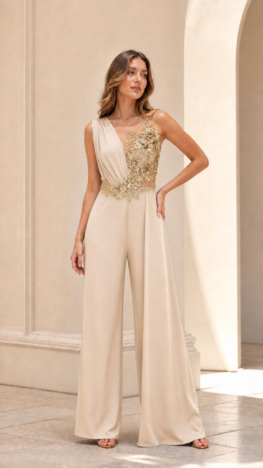 Front view of champagne beige wide-leg formal jumpsuit with gold sequin floral bodice