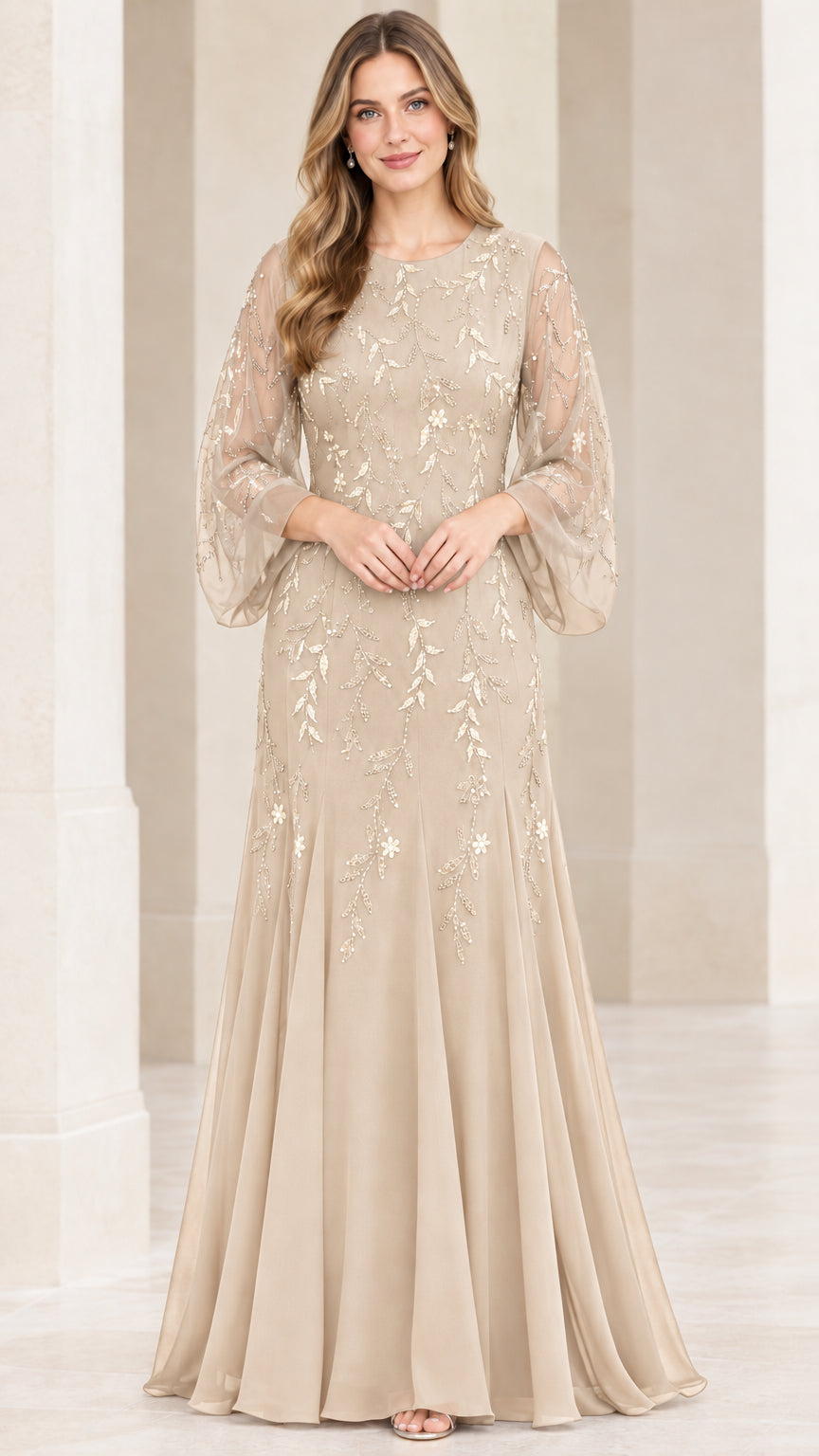 Front view of champagne beige sequined formal evening maxi gown