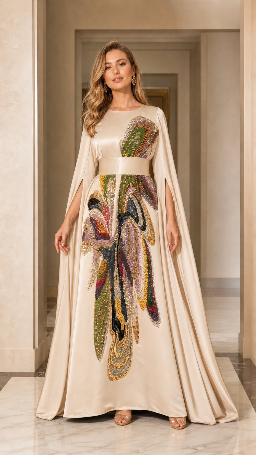 Front view of champagne evening dress with cape sleeves
