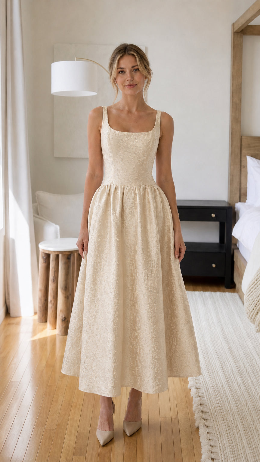 Woman wearing champagne square neck midi dress