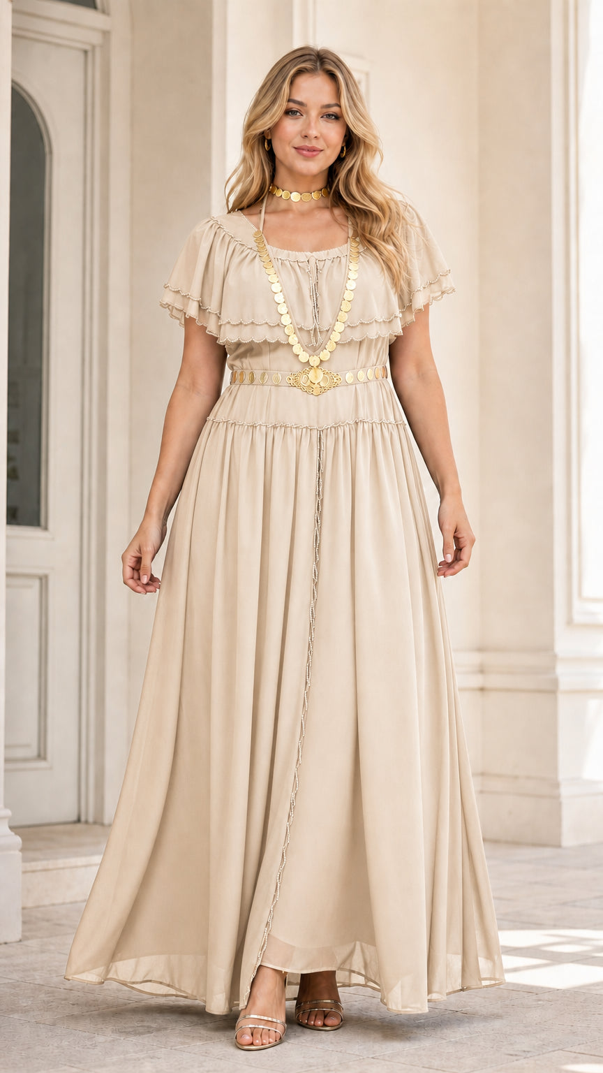 Model wearing elegant beige cream flutter sleeve floor-length maxi dress