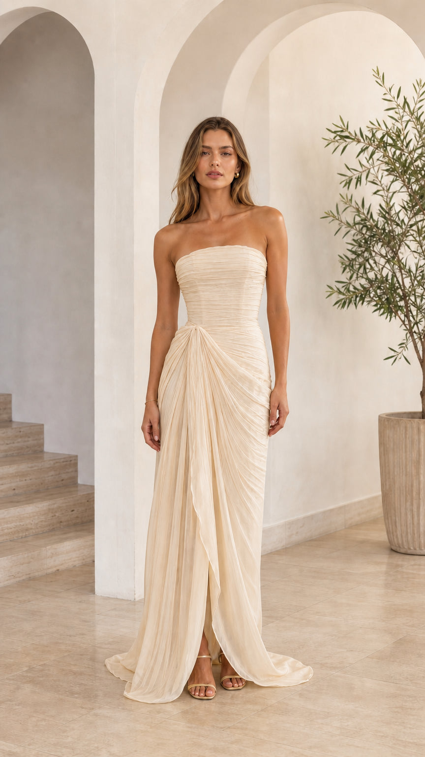Model wearing champagne ivory strapless ruched evening gown