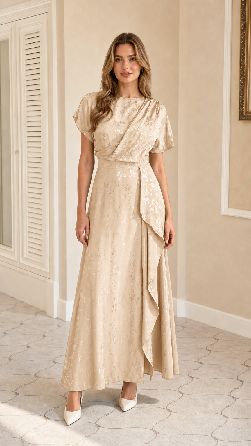 Front view of champagne draped ruffle maxi dress