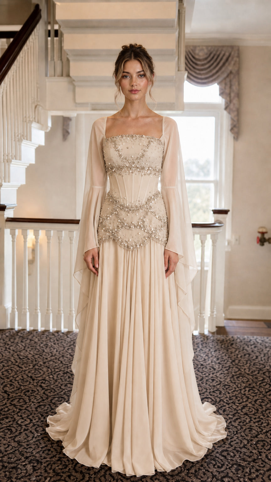 Front view of Champagne Beaded Corset Long Sleeve Maxi Gown