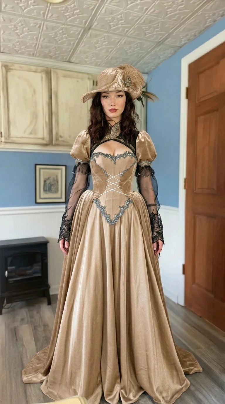 Front view of Victorian Gothic champagne velvet ball gown