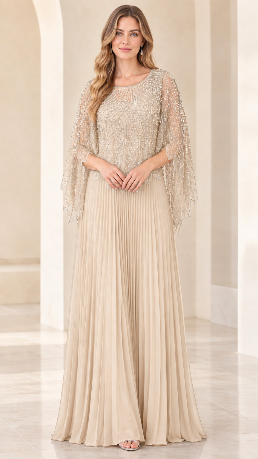 Champagne beige beaded capelet pleated maxi evening gown
