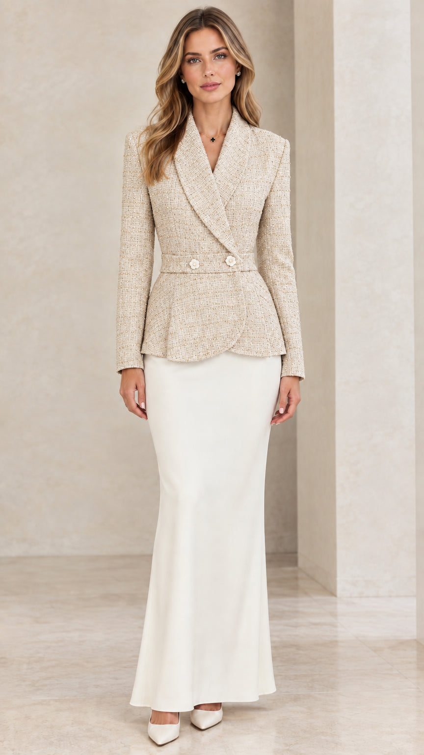 Model wearing Champagne Beige tweed peplum blazer with white maxi skirt