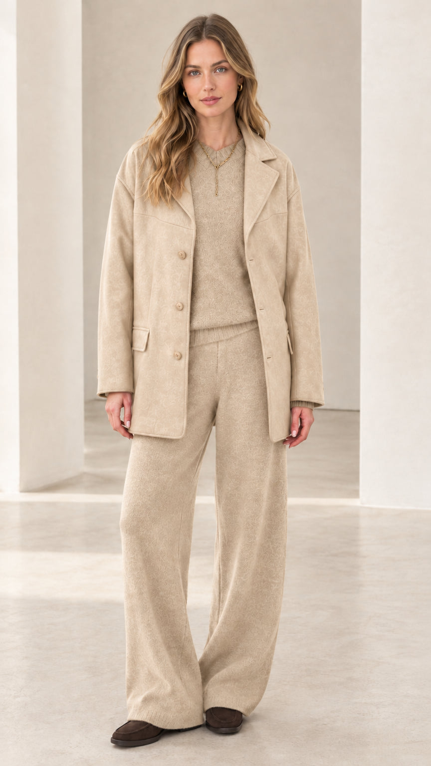 Full view of women's 3-piece knit lounge and coat set in soft beige oatmeal