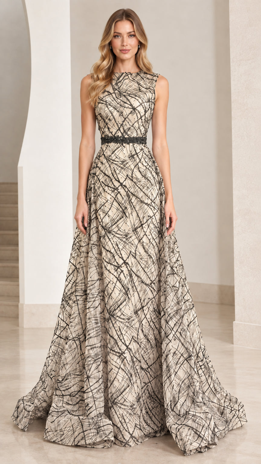 Front view of champagne beige sleeveless A-line formal gown