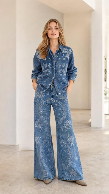 Full front view of woman wearing Classic Blue paisley print denim shirt and wide-leg pants set