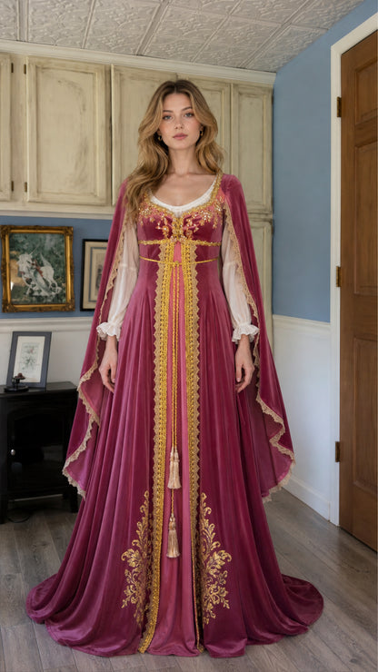 Front view of burgundy Renaissance velvet dress with gold embroidery