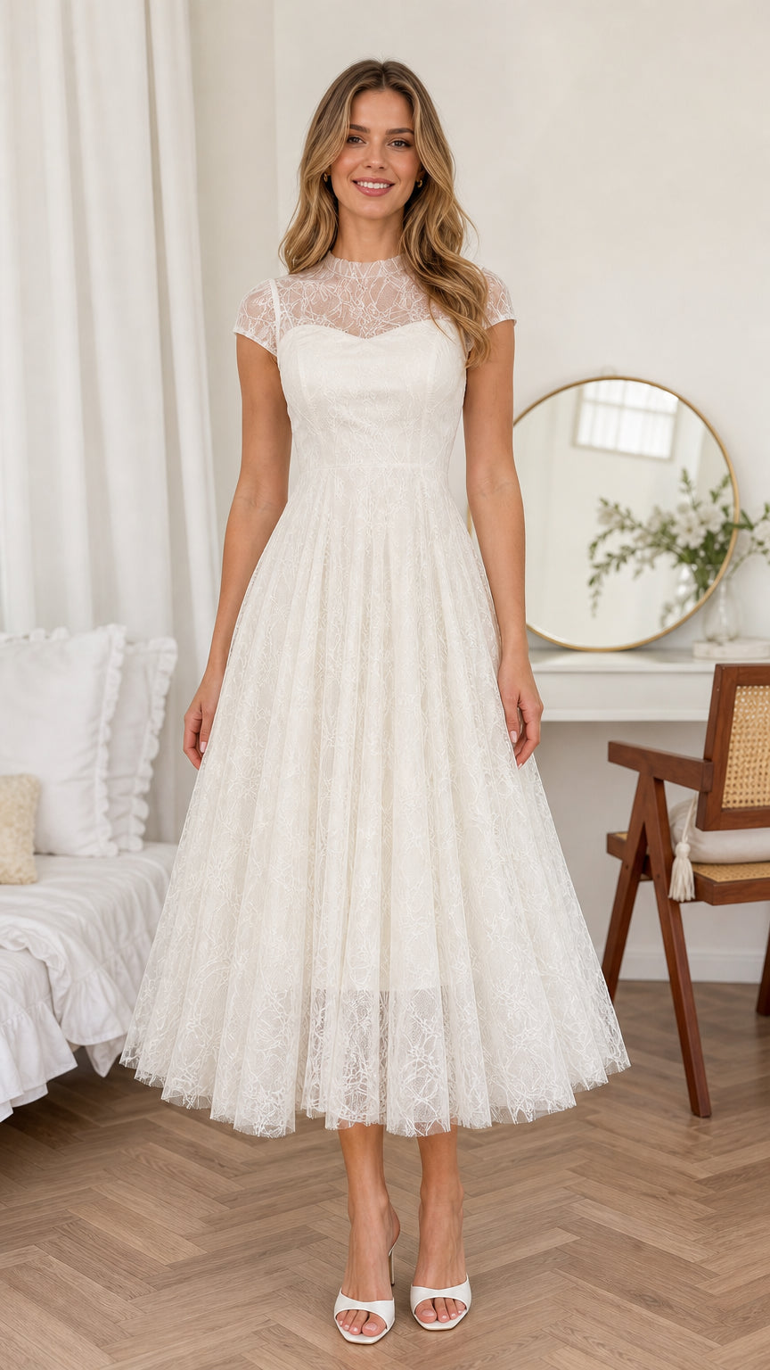 Front view of woman wearing Ivory White illusion neck floral lace midi dress