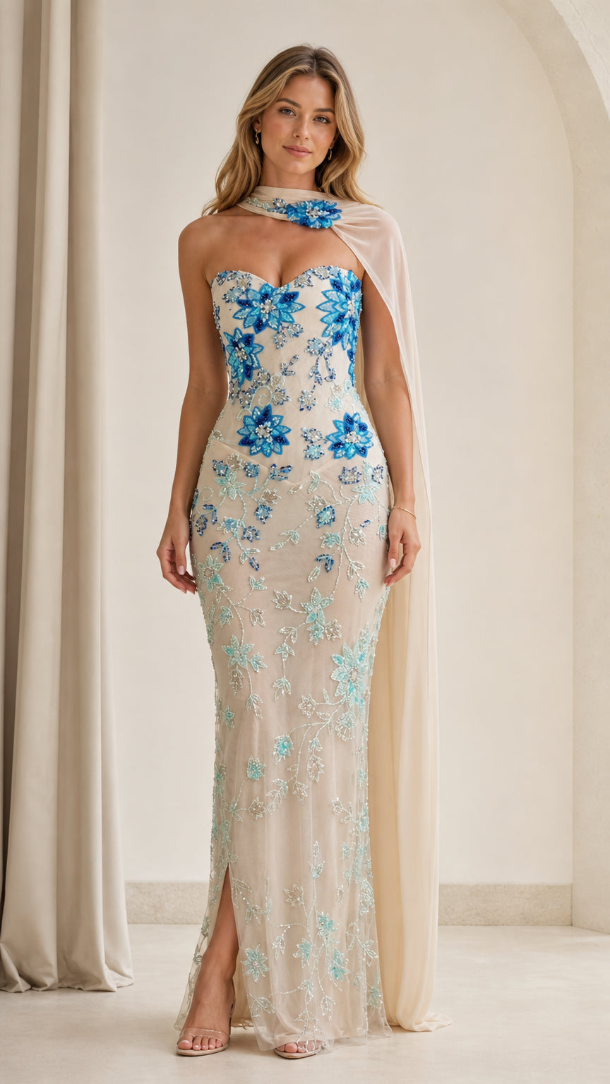 Model wearing Champagne floral sequin strapless evening gown with sheer back cape