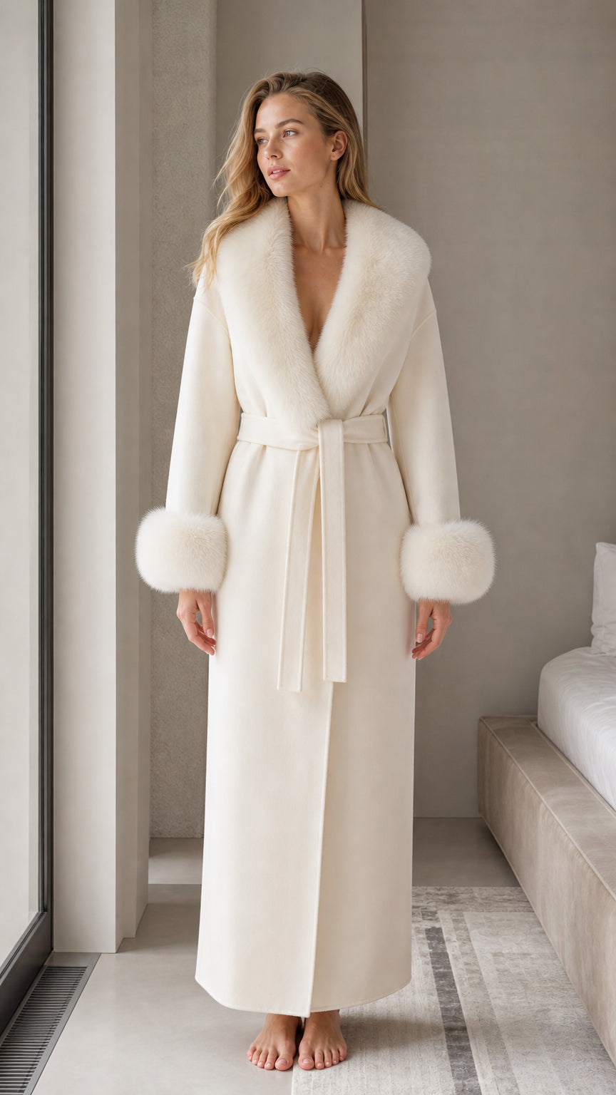 Front view of woman wearing ivory white maxi robe with plush faux fur trim