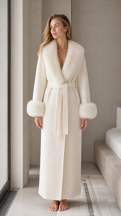 Front view of woman wearing ivory white maxi robe with plush faux fur trim
