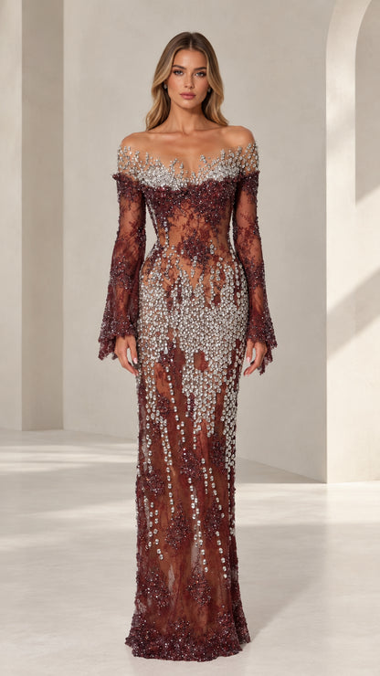Burgundy crystal-embellished off-the-shoulder lace evening gown full front view