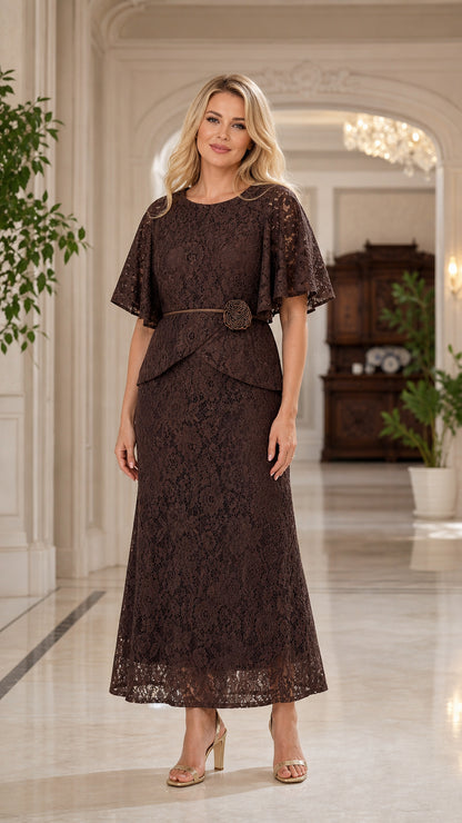 Front view of brown lace overlay maxi dress