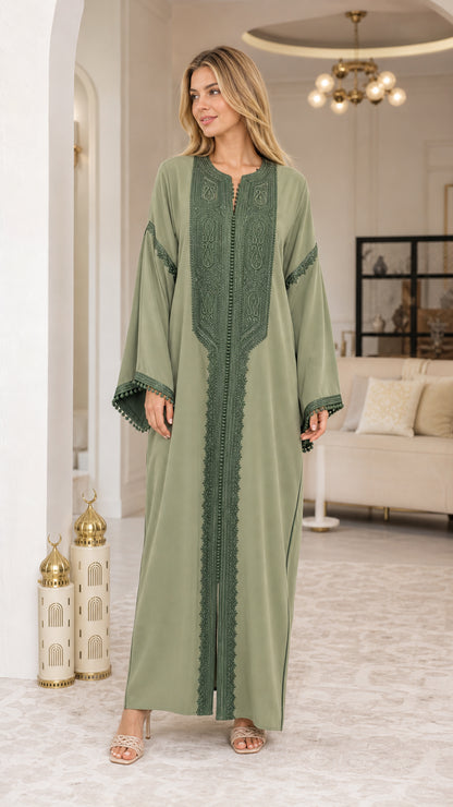 Front view of model wearing Sage Green embroidered modest kaftan maxi dress
