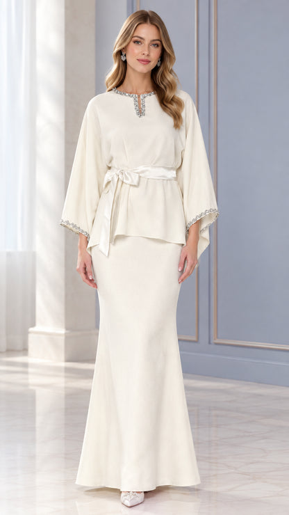 Front full-length view of Ivory rhinestone embellished wide sleeve top and maxi skirt set
