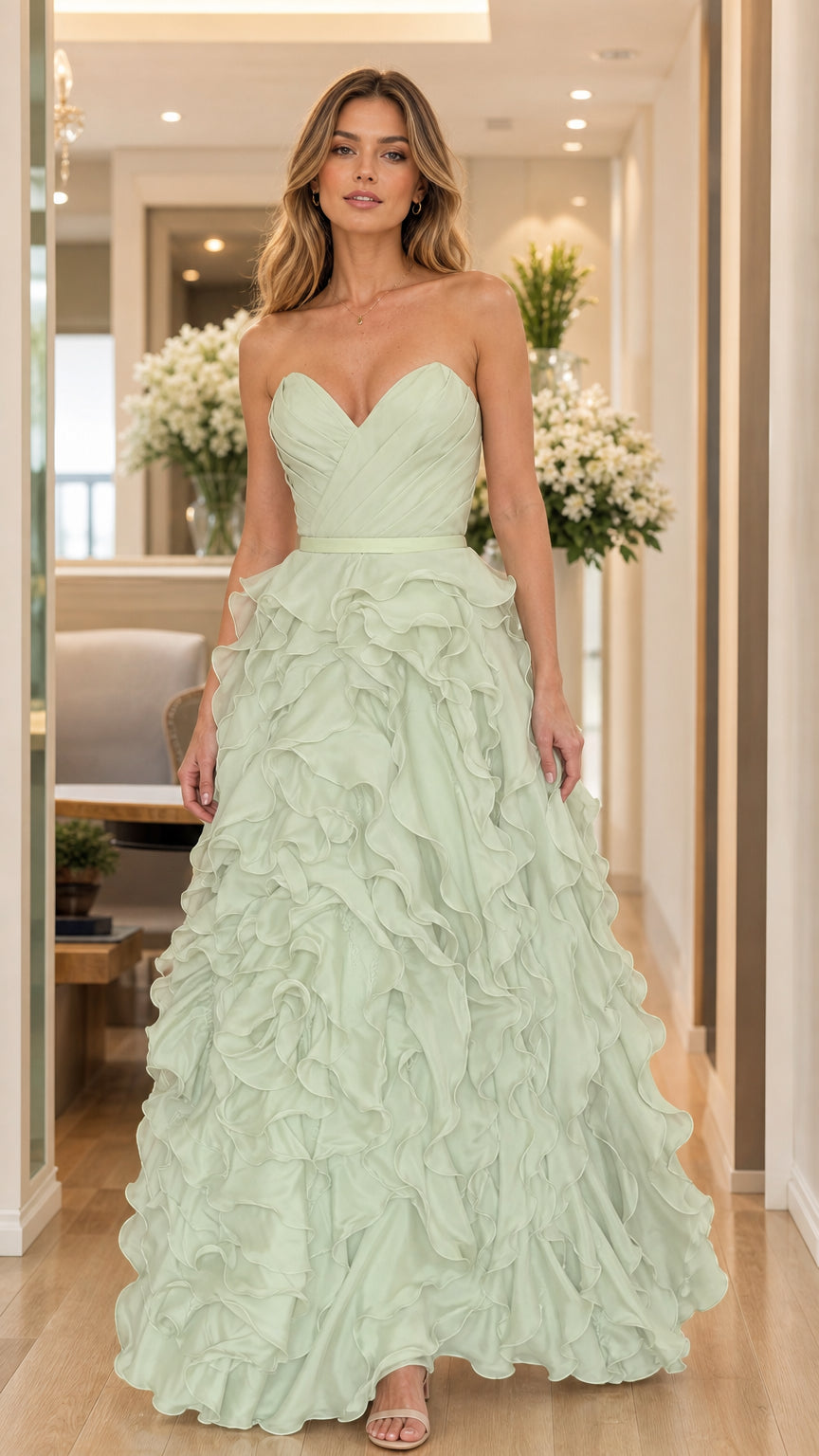 Front view of model wearing sage green strapless ruffled evening dress