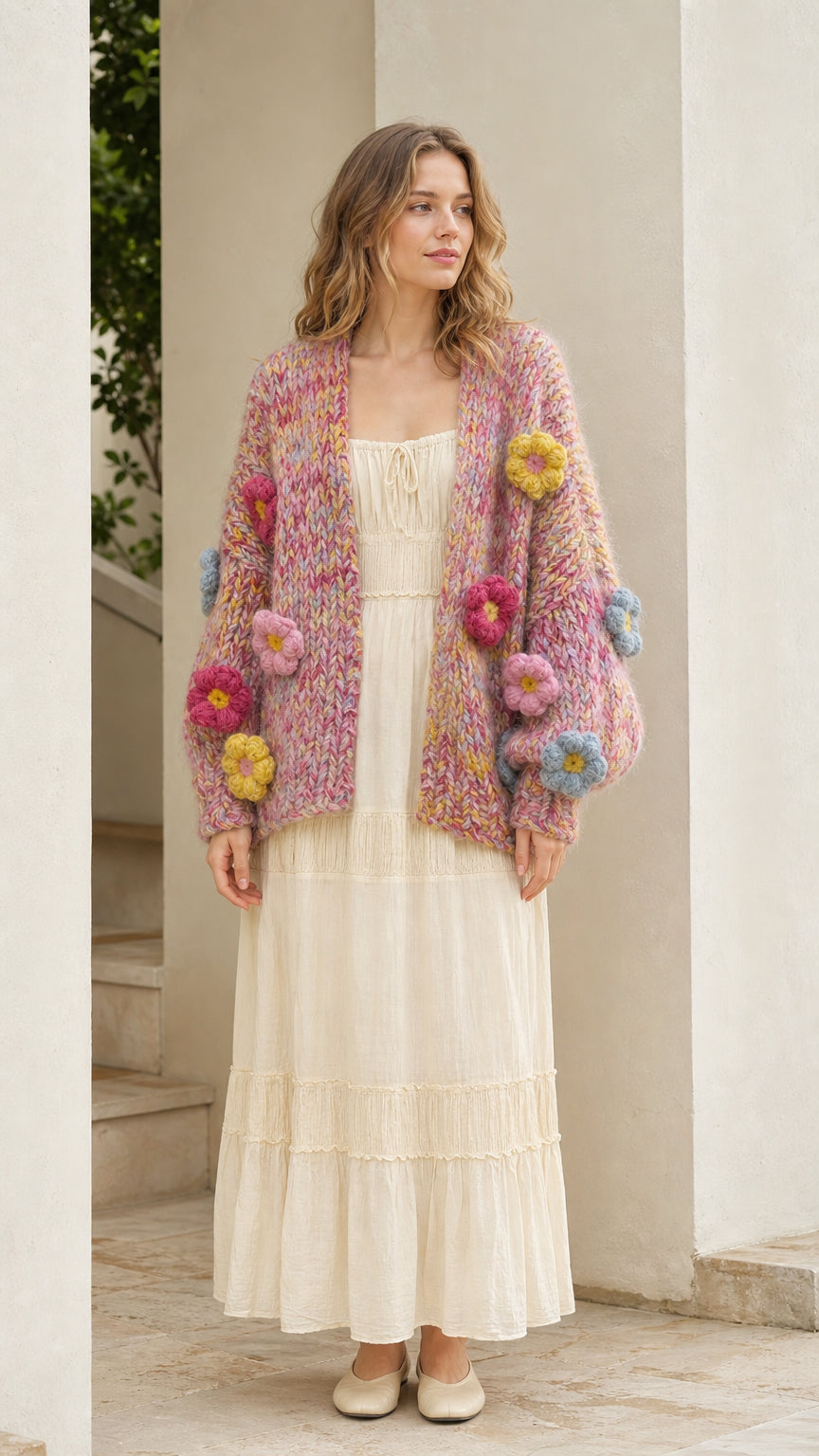 Model wearing pink chunky knit floral cardigan from the front