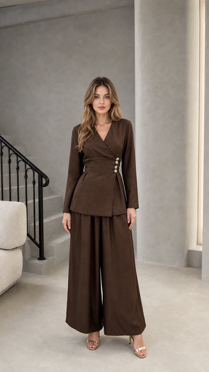 Full front view of model wearing brown wrap blazer top and matching wide leg pants set