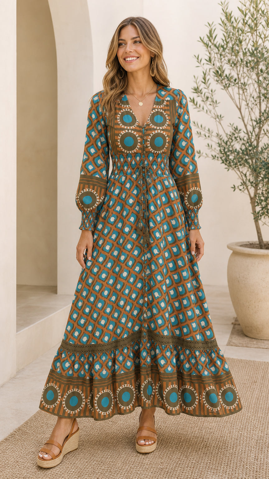 Full front view of model wearing Teal Brown boho geometric print long sleeve maxi dress