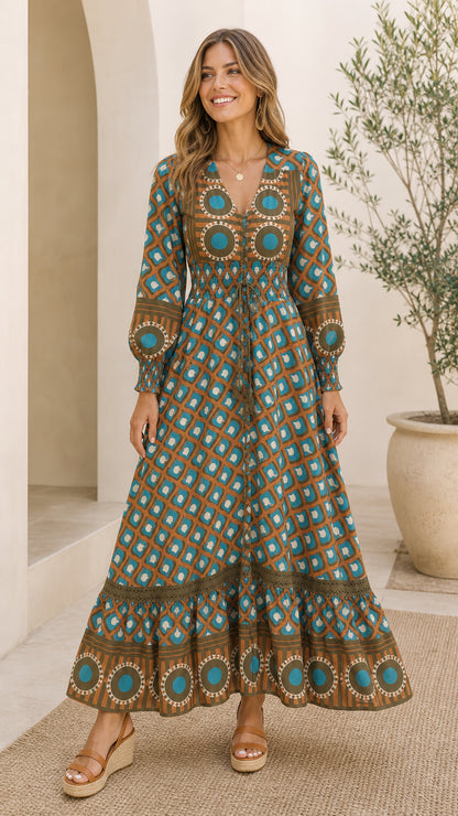 Full front view of model wearing Teal Brown boho geometric print long sleeve maxi dress